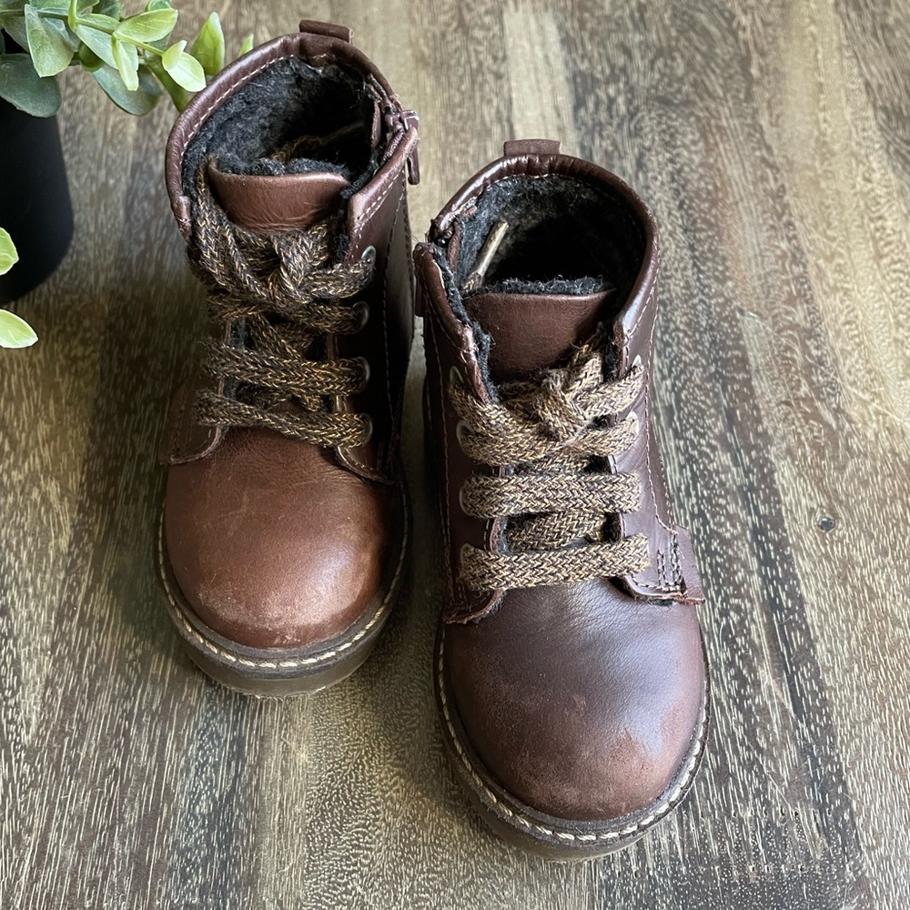 Kids Brown Leather Lace-Up Boots